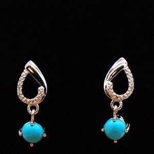 Teardrop Hoop CZ & Drop Turquoise Silver Dangle Earrings W/ Gift Bag